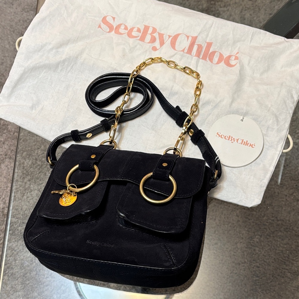 See By Chloe Ultra Marine Blue Suede Crossbody Bag with Gold Accents